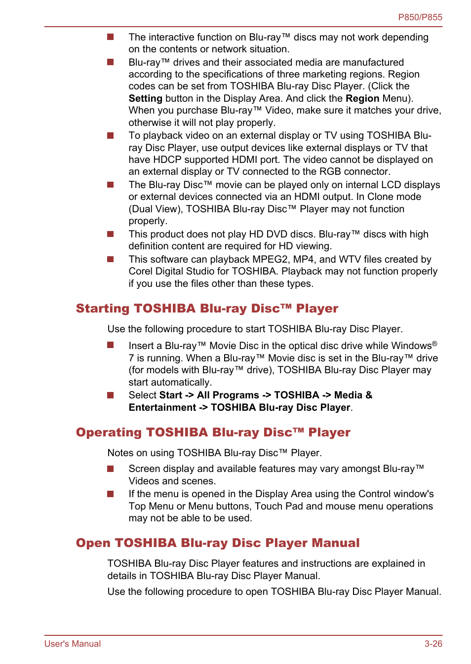 Starting toshiba blu-ray disc™ player, Operating toshiba blu-ray disc™ player, Open toshiba blu-ray disc player manual | Toshiba Satellite P855 User Manual | Page 72 / 177