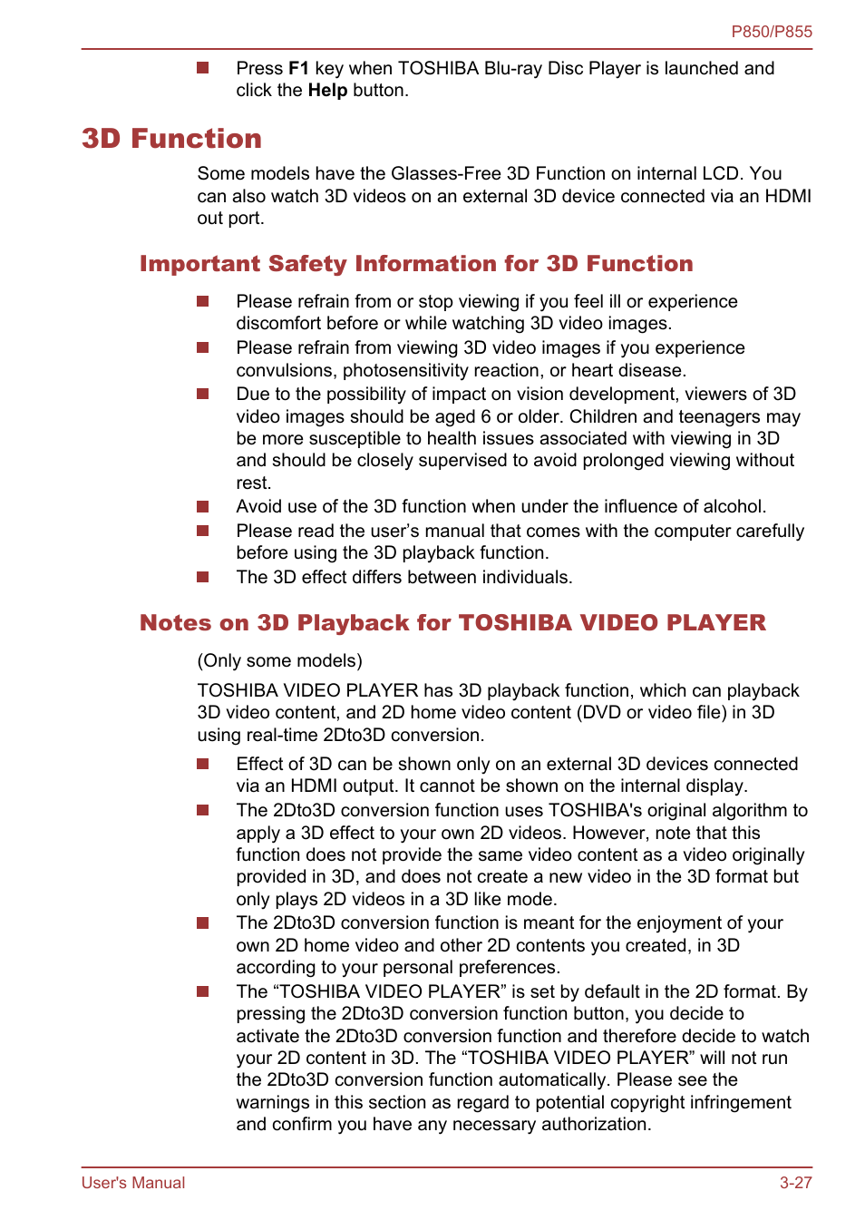 3d function, Important safety information for 3d function, Notes on 3d playback for toshiba video player | 3d function -27 | Toshiba Satellite P855 User Manual | Page 73 / 177