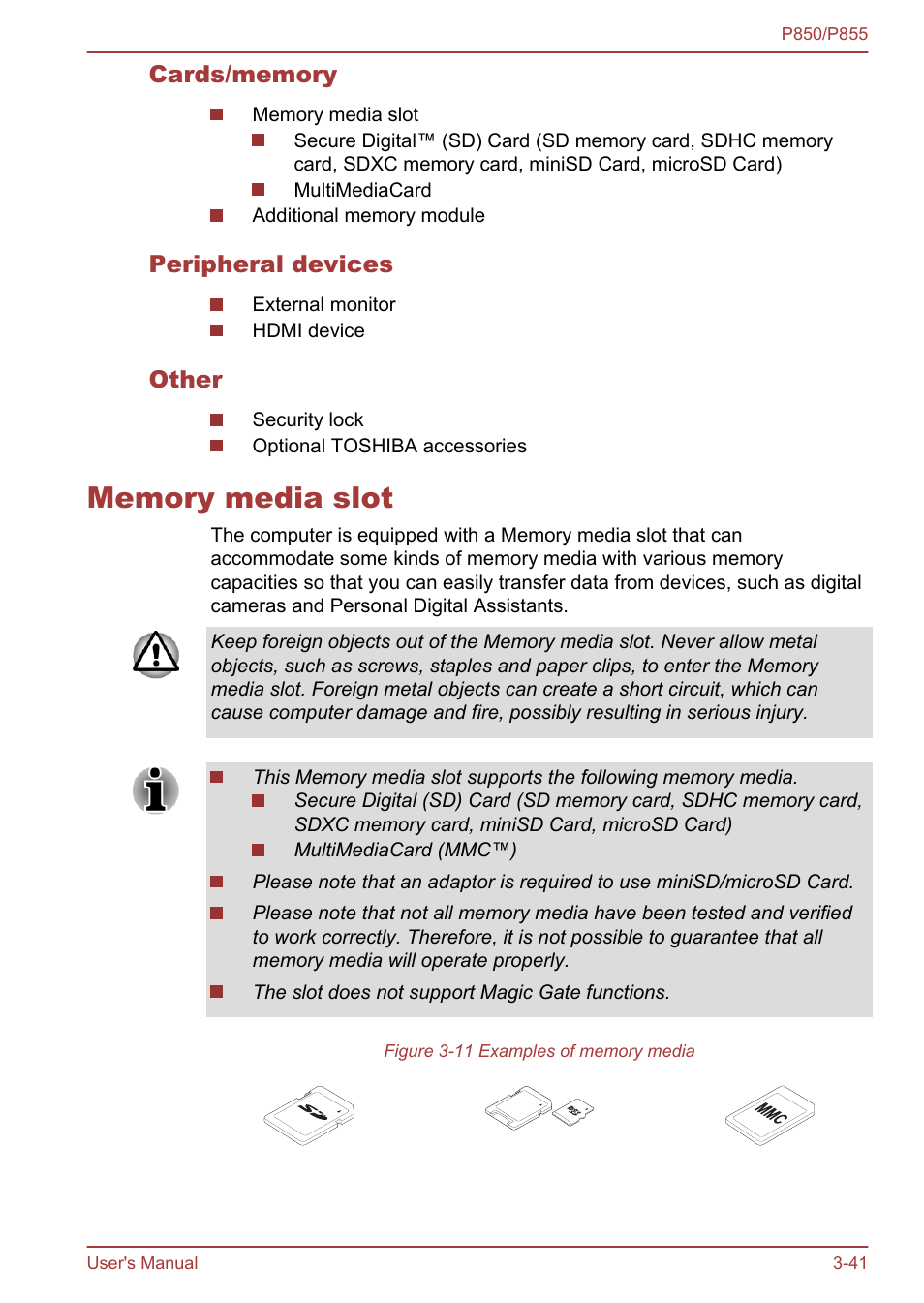 Cards/memory, Peripheral devices, Other | Memory media slot, Memory media slot -41 | Toshiba Satellite P855 User Manual | Page 87 / 177