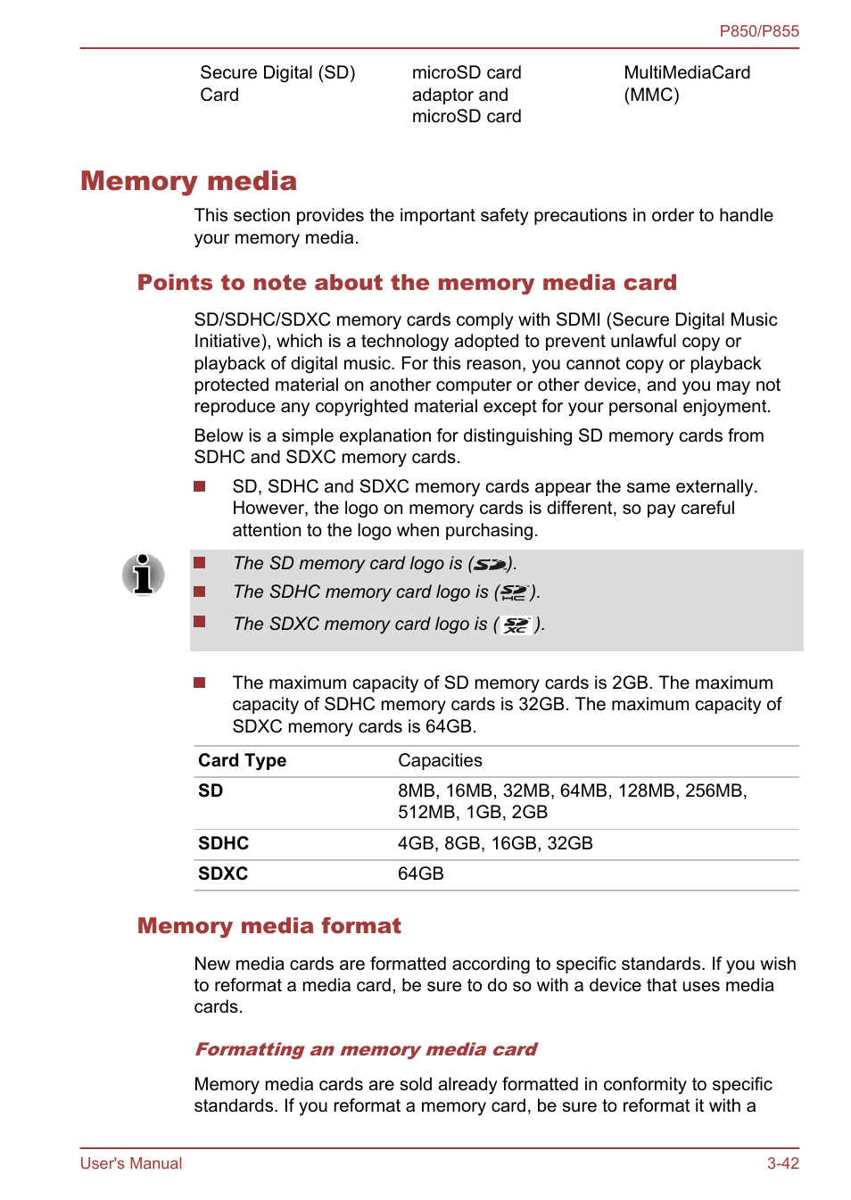 Memory media, Points to note about the memory media card, Memory media format | Memory media -42 | Toshiba Satellite P855 User Manual | Page 88 / 177