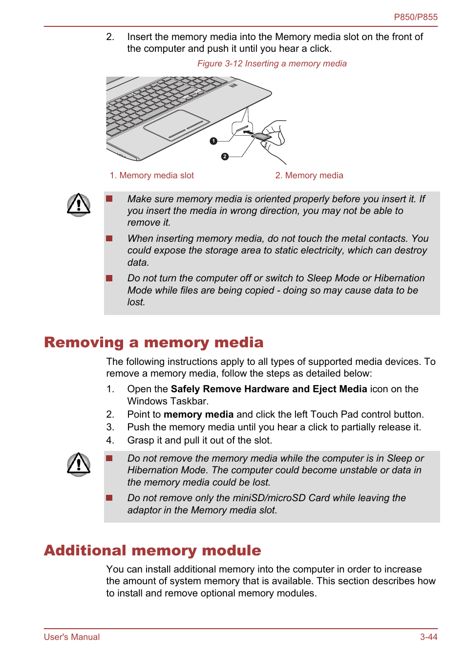 Removing a memory media, Additional memory module, Section in | Toshiba Satellite P855 User Manual | Page 90 / 177