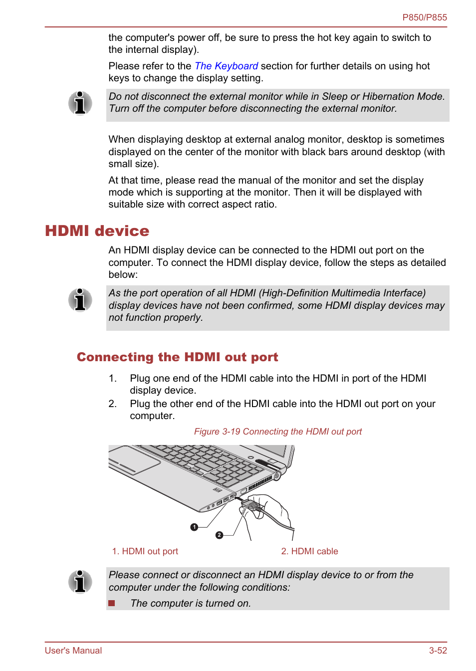 Hdmi device, Connecting the hdmi out port, Hdmi device -52 | Toshiba Satellite P855 User Manual | Page 98 / 177