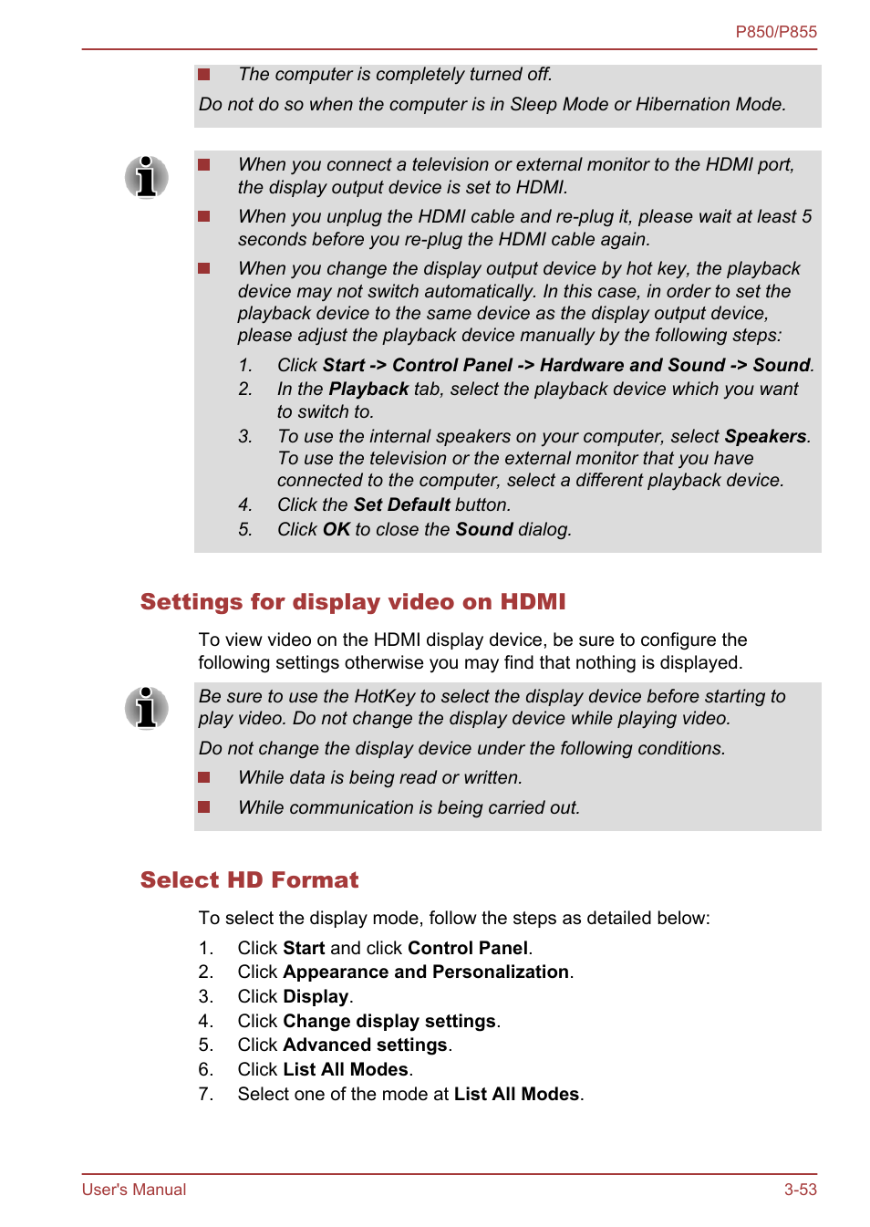 Settings for display video on hdmi, Select hd format | Toshiba Satellite P855 User Manual | Page 99 / 177