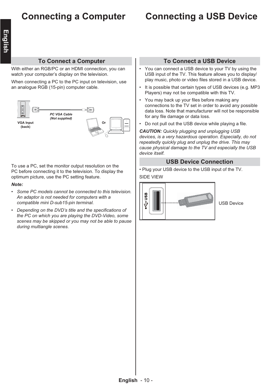 Connecting a computer connecting a usb device, English, Usb device connection | Toshiba EL933 User Manual | Page 11 / 41