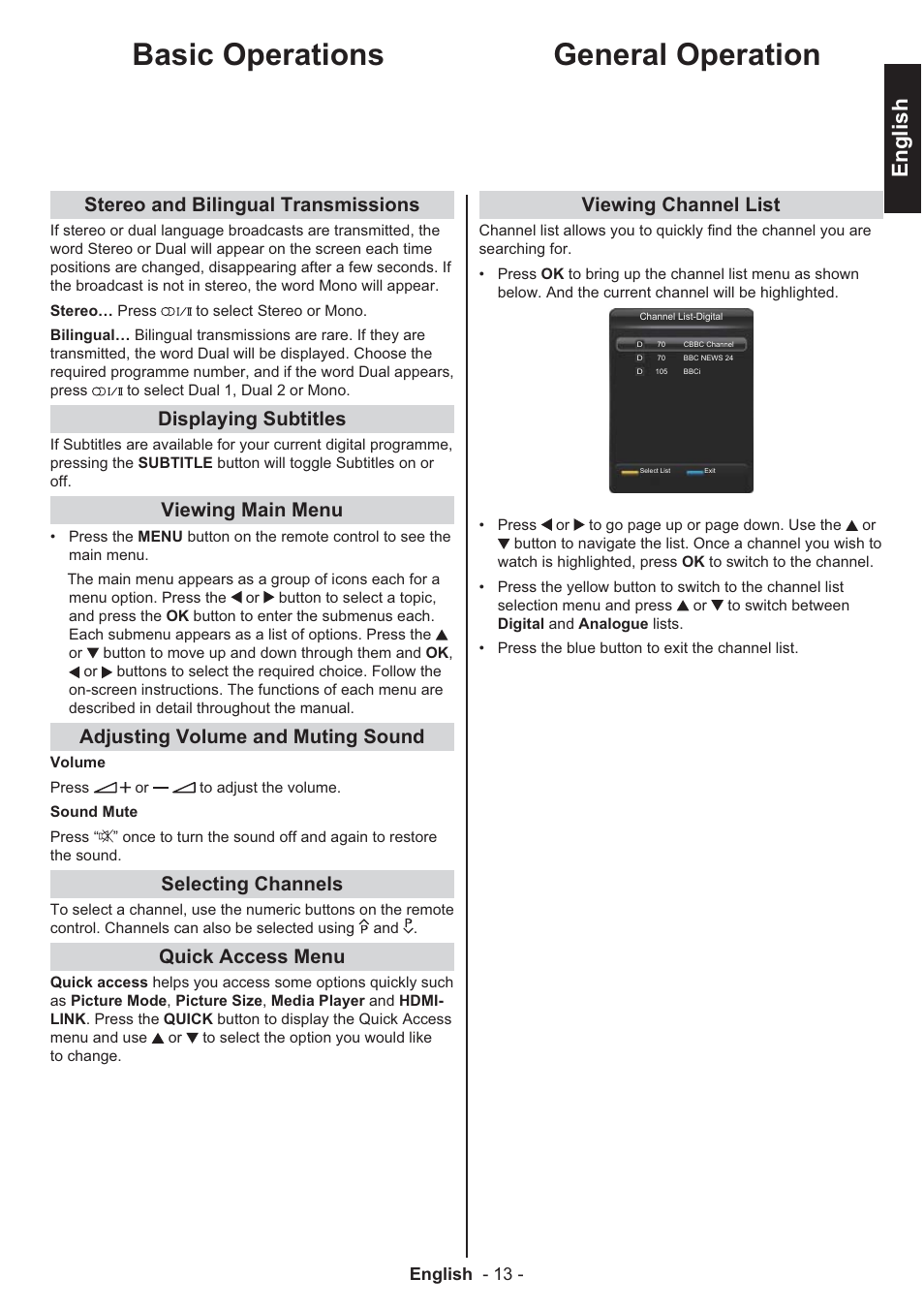 Basic operations general operation, English, Stereo and bilingual transmissions | Displaying subtitles, Viewing main menu, Adjusting volume and muting sound, Selecting channels, Quick access menu, Viewing channel list | Toshiba EL933 User Manual | Page 14 / 41