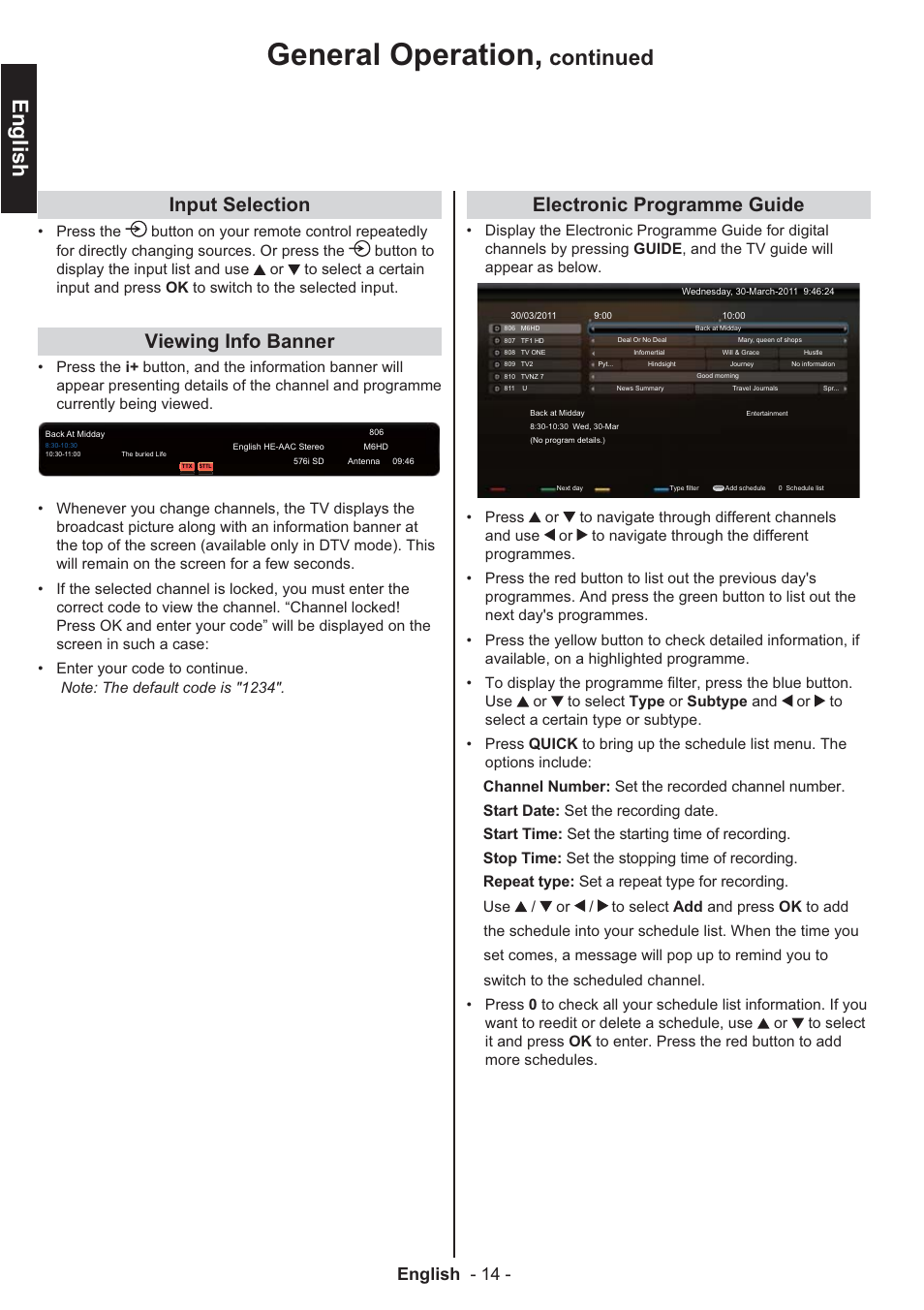 General operation, English, Continued | Input selection, Viewing info banner, Electronic programme guide, English - 14 | Toshiba EL933 User Manual | Page 15 / 41