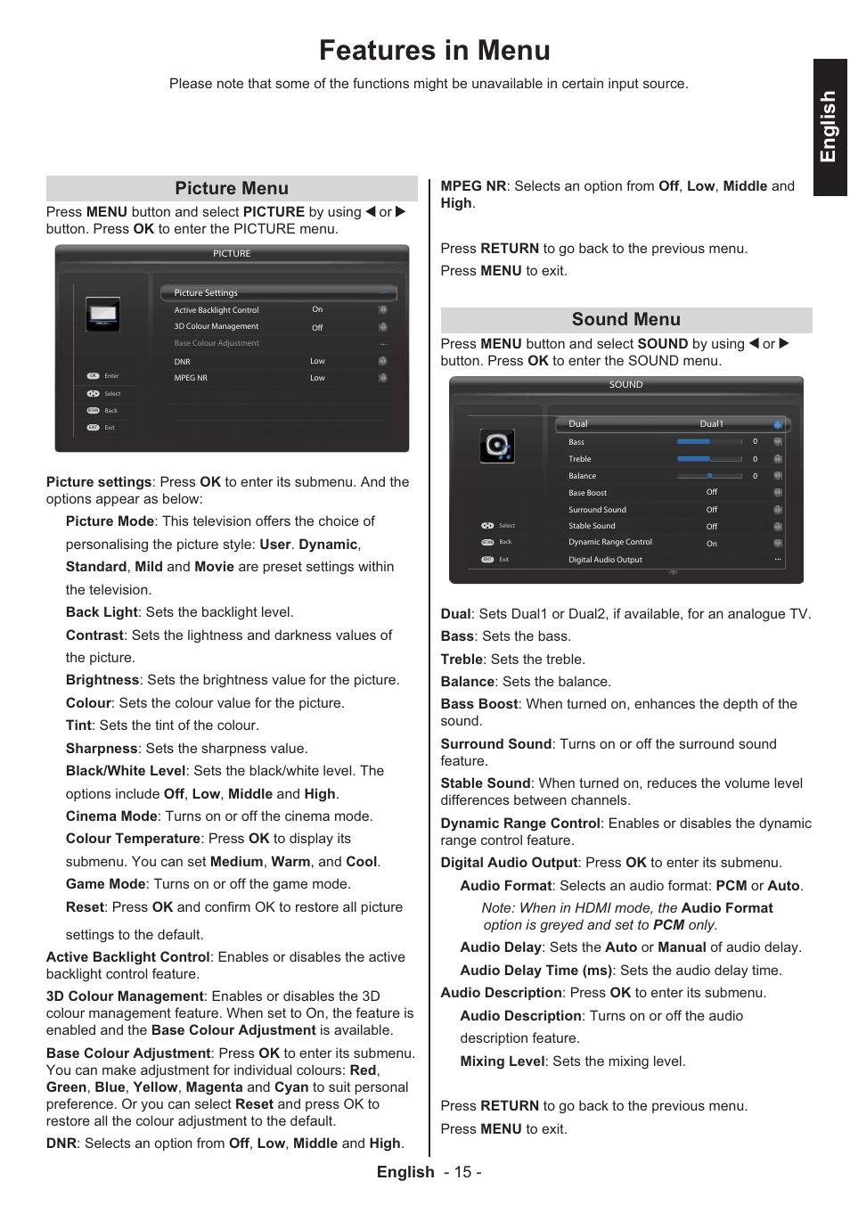 Features in menu, English, Picture menu | Sound menu, English - 15 | Toshiba EL933 User Manual | Page 16 / 41