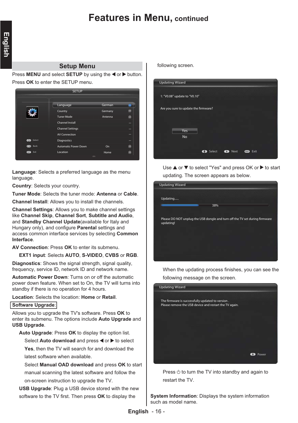 Features in menu, English, Continued | Setup menu, English - 16 | Toshiba EL933 User Manual | Page 17 / 41