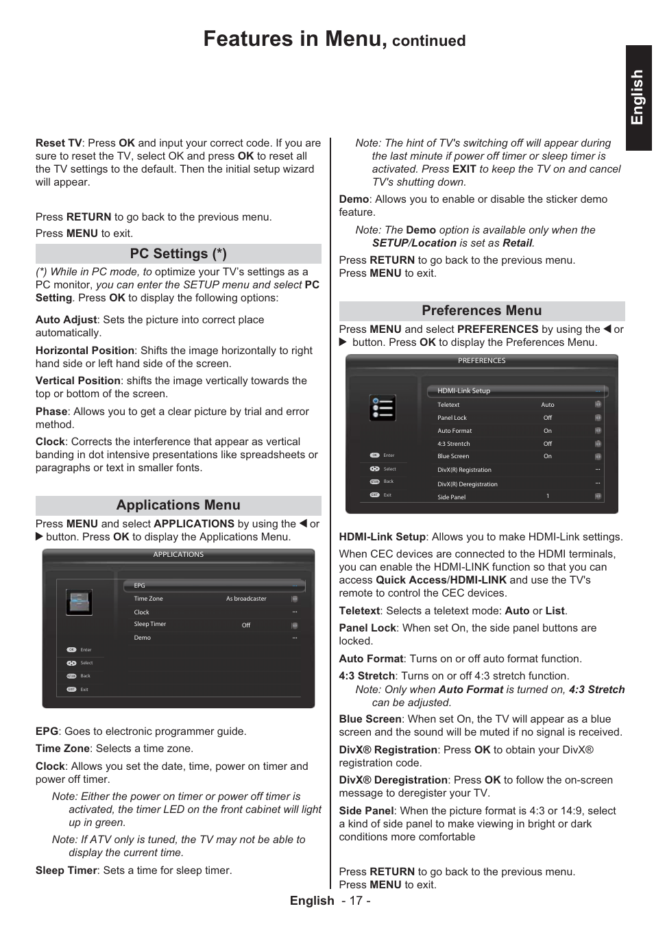 Features in menu, English, Continued | Pc settings (*), Applications menu, Preferences menu, English - 17 | Toshiba EL933 User Manual | Page 18 / 41