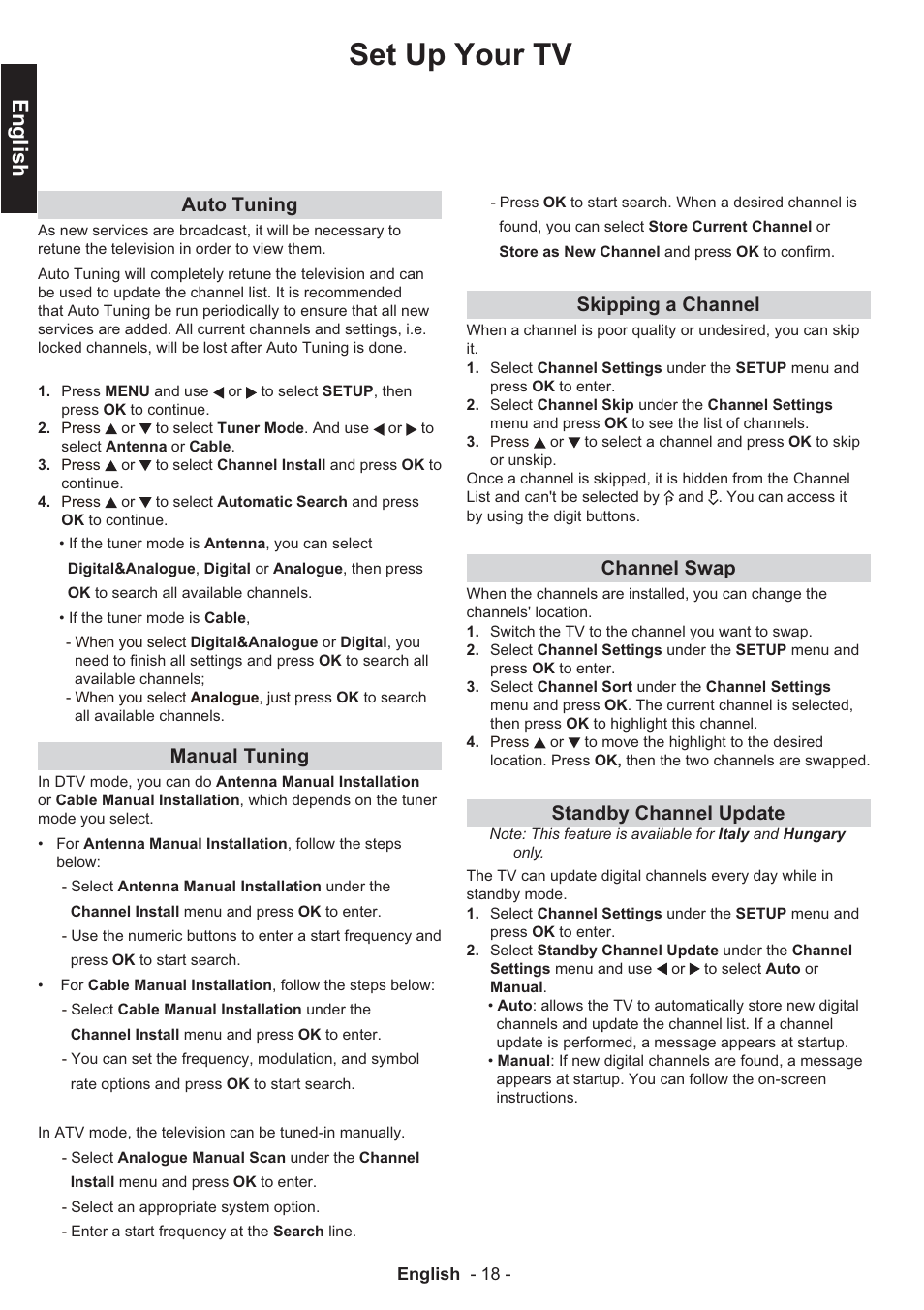 Set up your tv, English, Auto tuning | Manual tuning, Skipping a channel, Channel swap, Standby channel update | Toshiba EL933 User Manual | Page 19 / 41