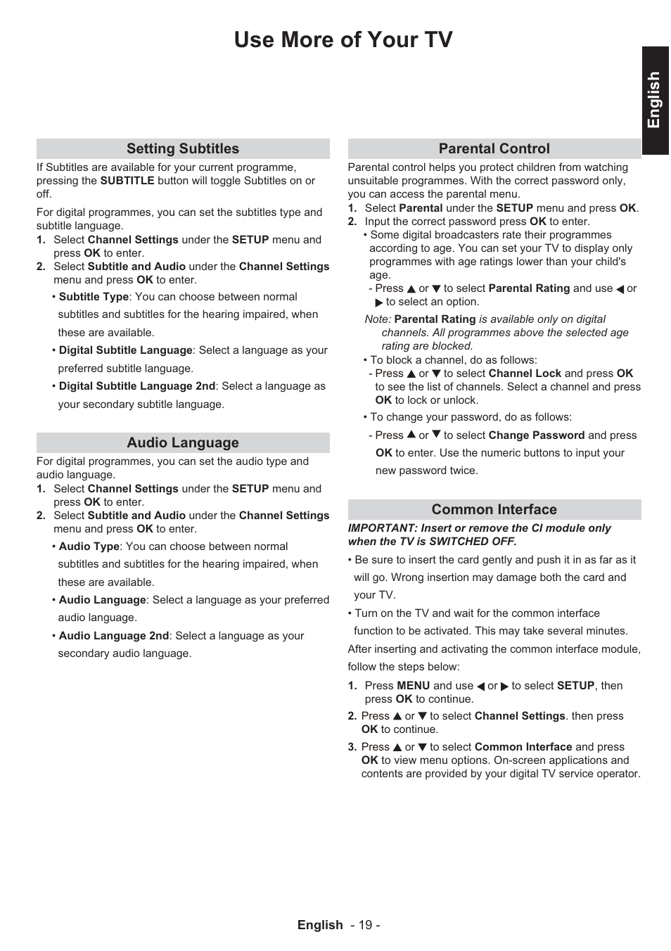 Use more of your tv, English, Setting subtitles | Audio language, Parental control, Common interface | Toshiba EL933 User Manual | Page 20 / 41