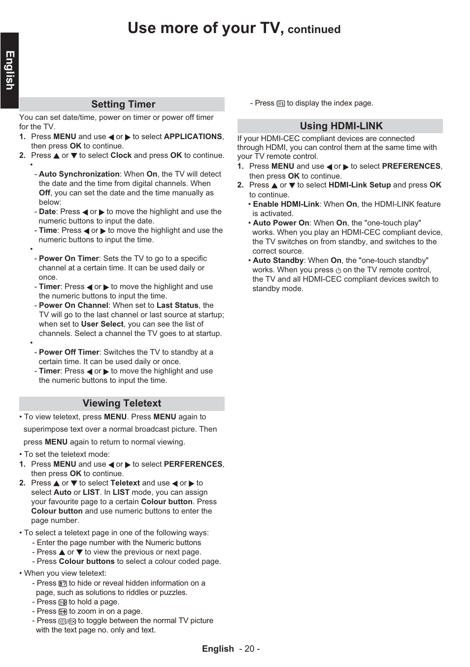 Use more of your tv, English, Continued | Setting timer, Viewing teletext, Using hdmi-link | Toshiba EL933 User Manual | Page 21 / 41