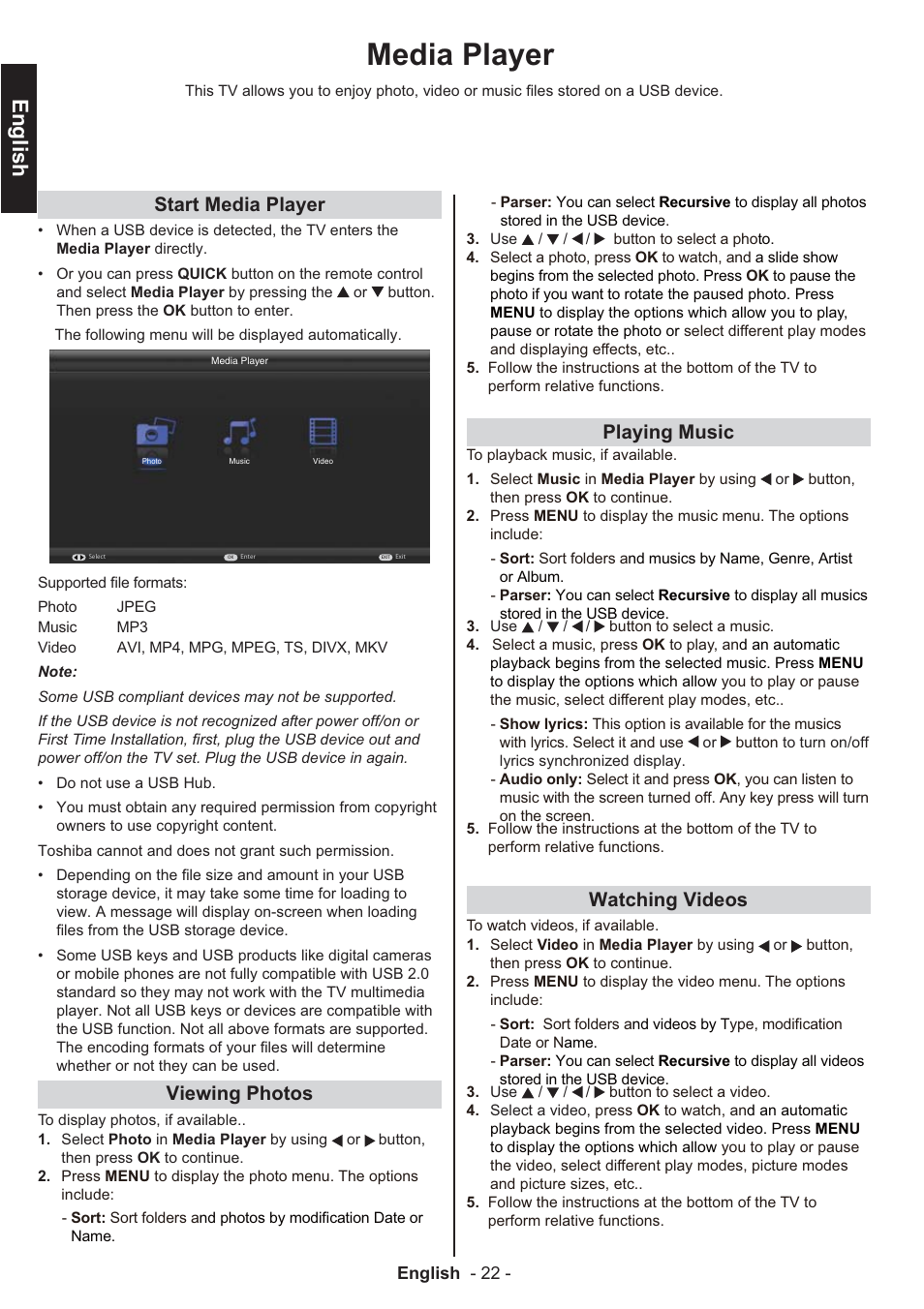 Media player, English, Start media player | Viewing photos, Playing music, Watching videos | Toshiba EL933 User Manual | Page 23 / 41