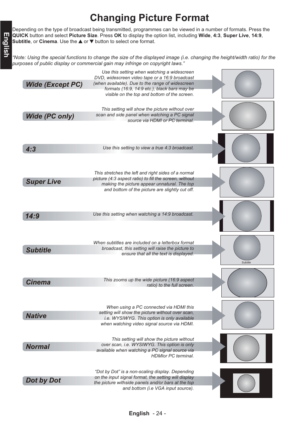 Changing picture format, English, Subtitle native normal dot by dot | Toshiba EL933 User Manual | Page 25 / 41