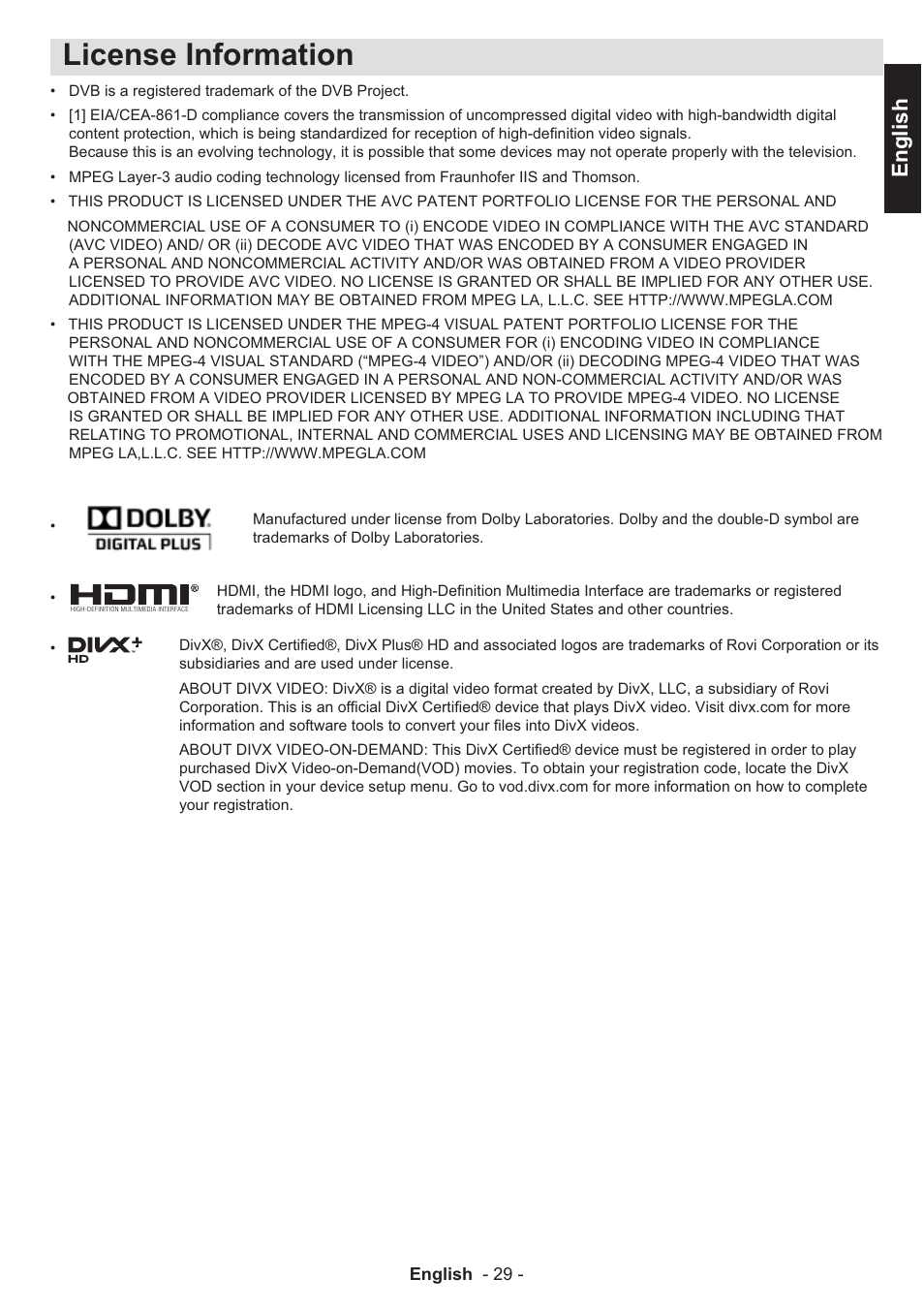 License information, English | Toshiba EL933 User Manual | Page 30 / 41