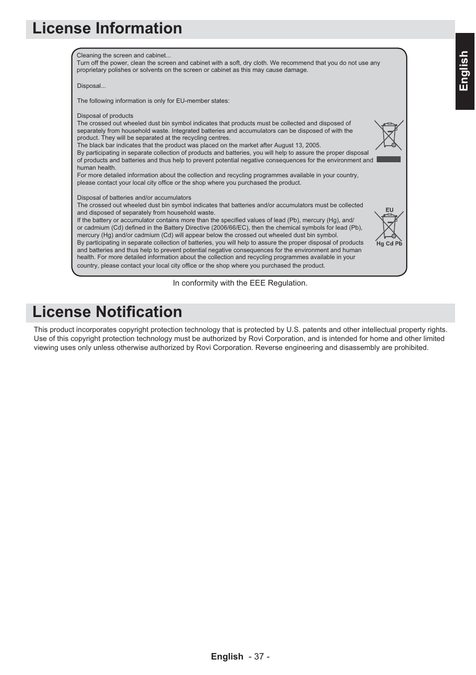 License information license notifi cation, English | Toshiba EL933 User Manual | Page 38 / 41