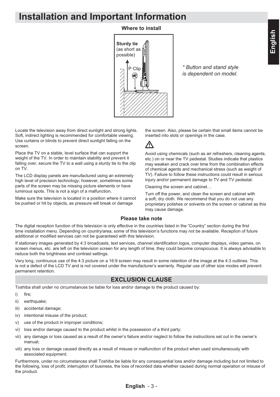 Installation and important information, English, Exclusion clause | Toshiba EL933 User Manual | Page 4 / 41