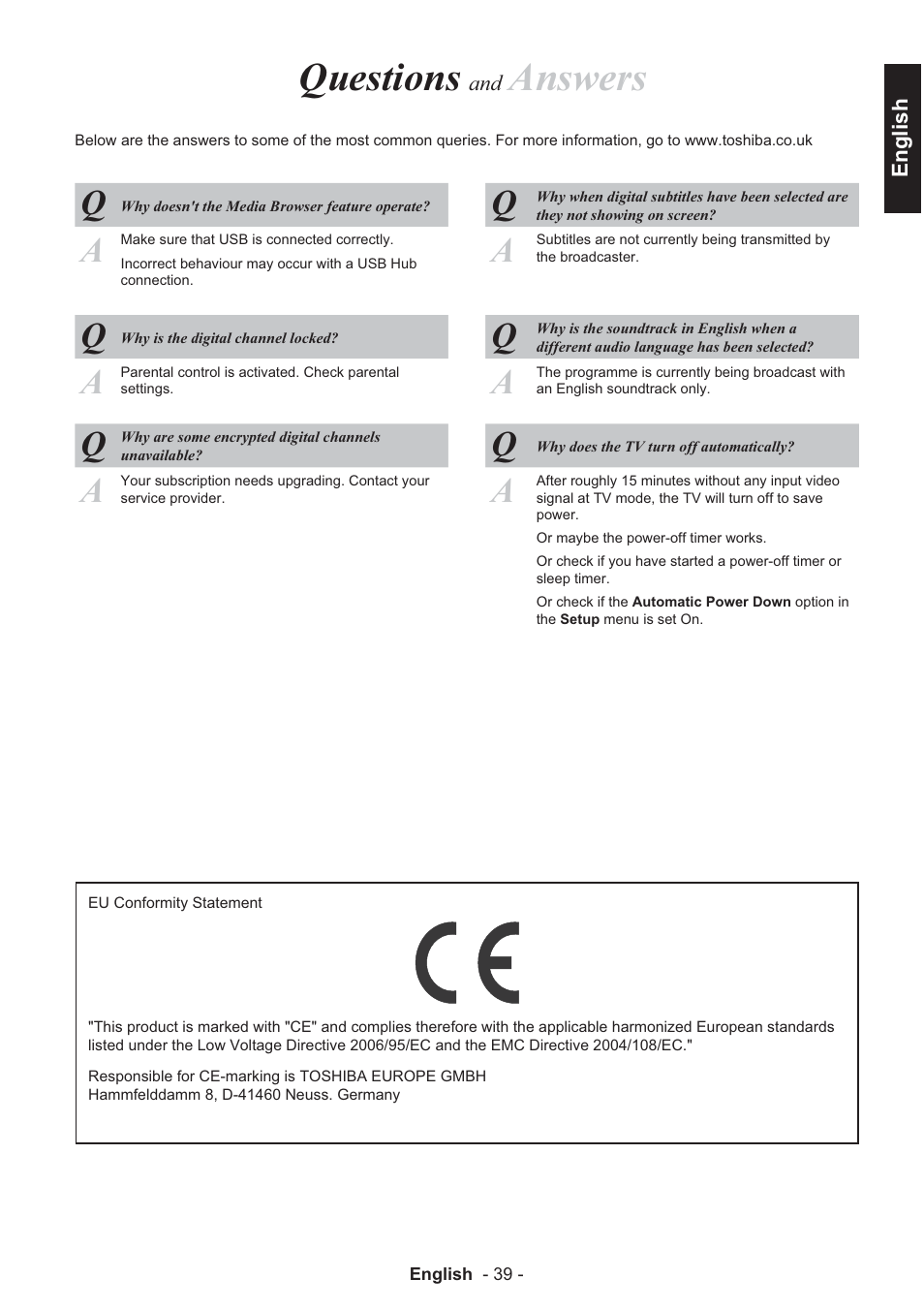 Questions, Answers | Toshiba EL933 User Manual | Page 40 / 41