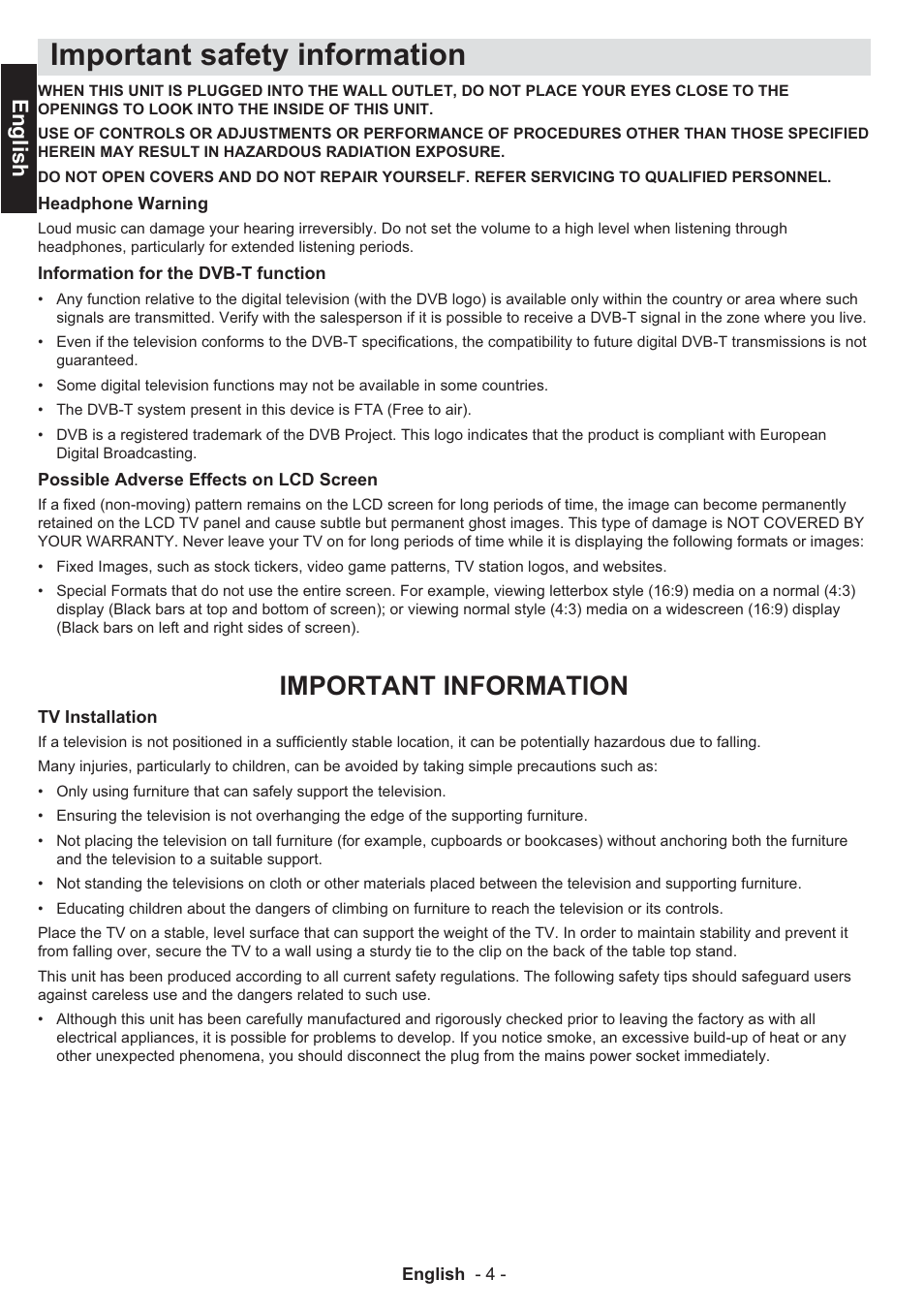 Important safety information, Important information, English | Toshiba EL933 User Manual | Page 5 / 41