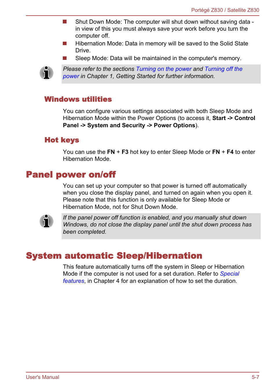 Windows utilities, Hot keys, Panel power on/off | System automatic sleep/hibernation | Toshiba Portege Z830 User Manual | Page 100 / 136