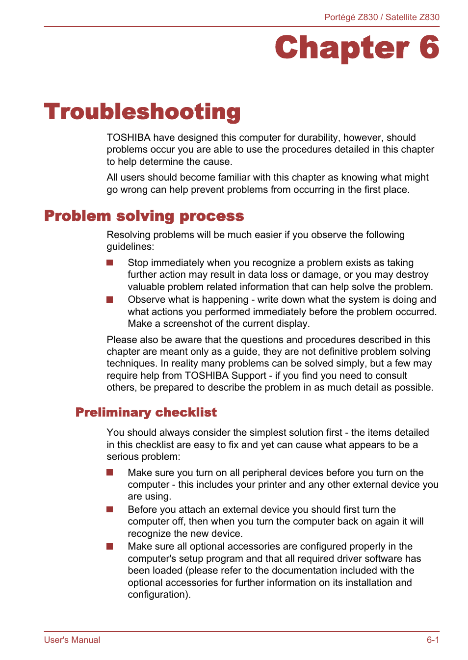 Chapter 6 troubleshooting, Problem solving process, Preliminary checklist | Chapter 6, Troubleshooting, Problem solving process -1 | Toshiba Portege Z830 User Manual | Page 101 / 136