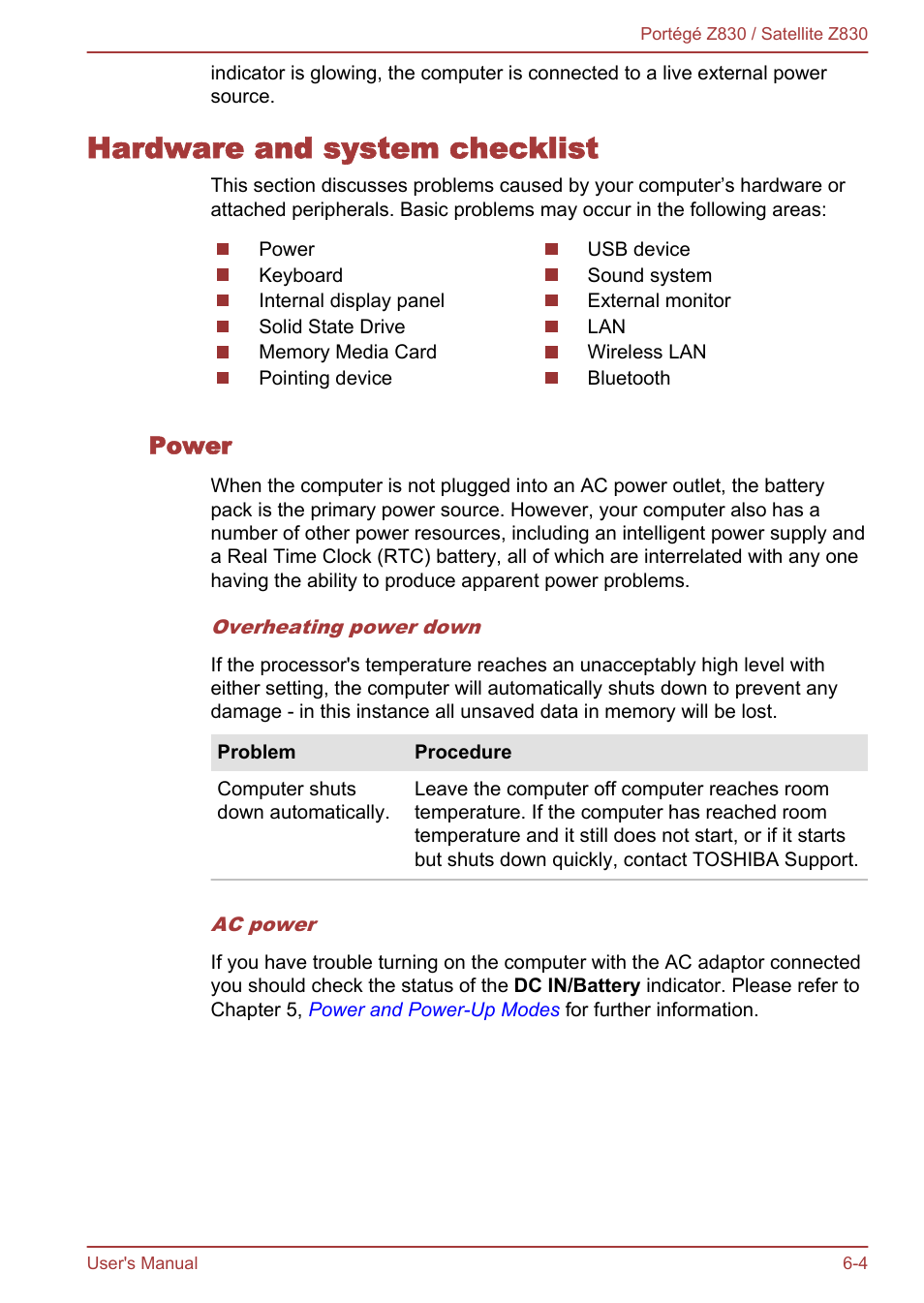 Hardware and system checklist, Power, Hardware and system checklist -4 | Toshiba Portege Z830 User Manual | Page 104 / 136