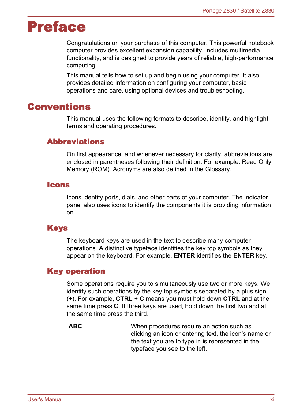 Preface, Conventions, Abbreviations | Icons, Keys, Key operation | Toshiba Portege Z830 User Manual | Page 11 / 136