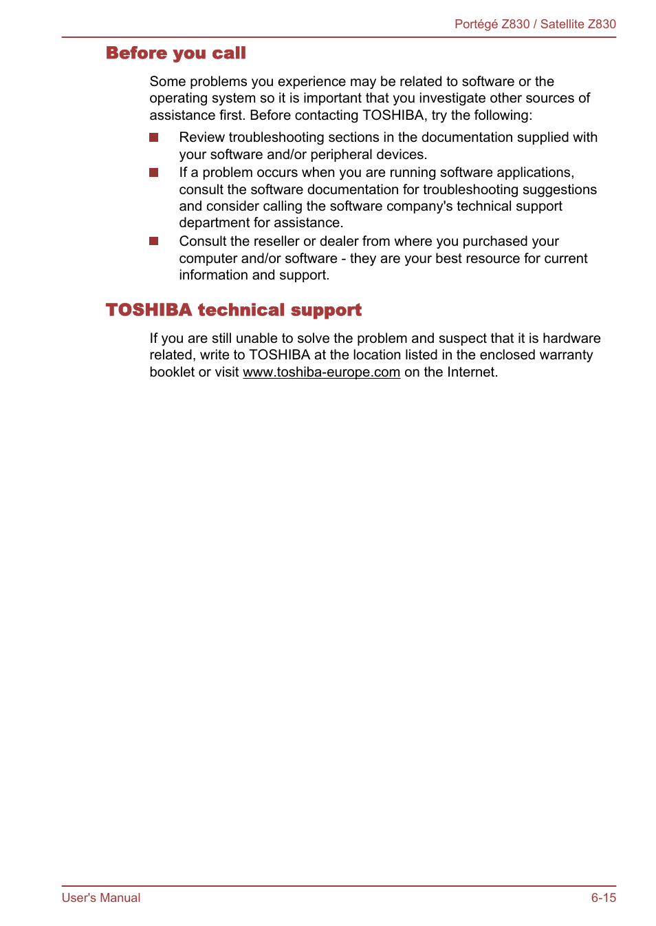 Before you call, Toshiba technical support | Toshiba Portege Z830 User Manual | Page 115 / 136