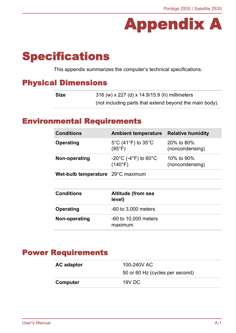 Appendix a specifications, Physical dimensions, Environmental requirements | Power requirements, Appendix a, Specifications | Toshiba Portege Z830 User Manual | Page 116 / 136