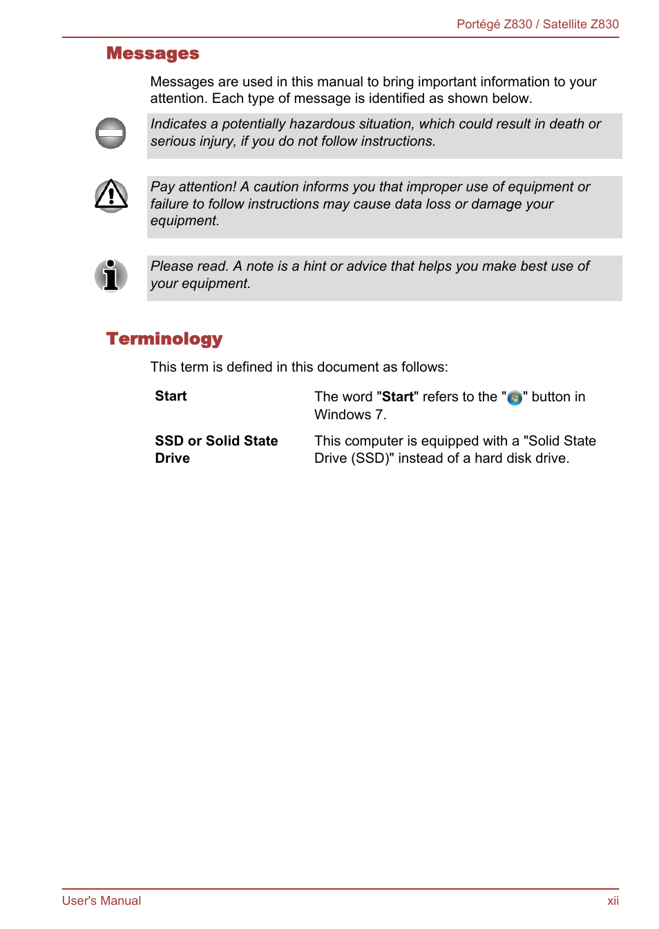 Messages, Terminology | Toshiba Portege Z830 User Manual | Page 12 / 136