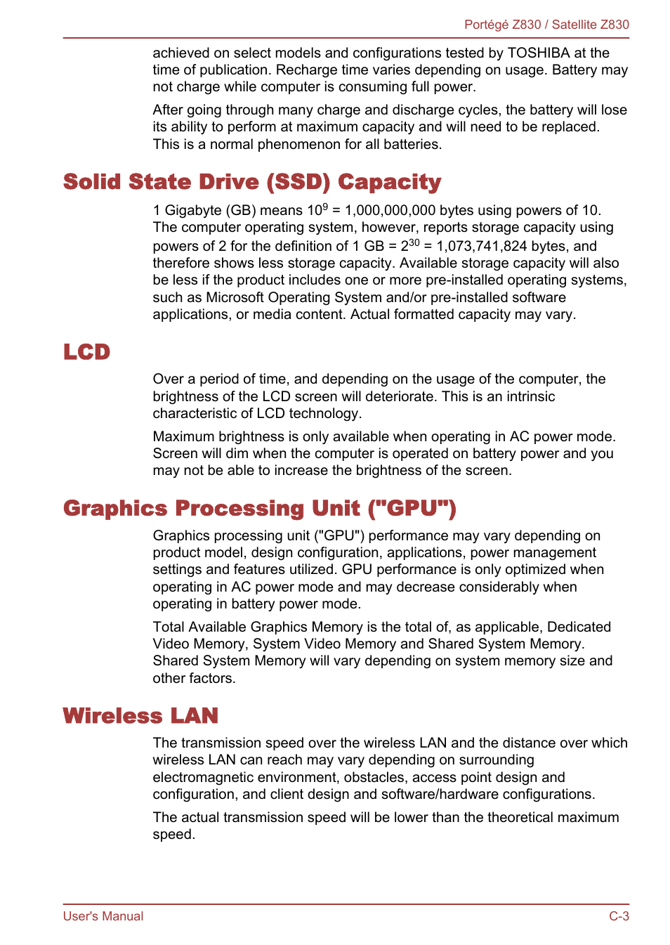 Solid state drive (ssd) capacity, Graphics processing unit ("gpu"), Wireless lan | Toshiba Portege Z830 User Manual | Page 122 / 136