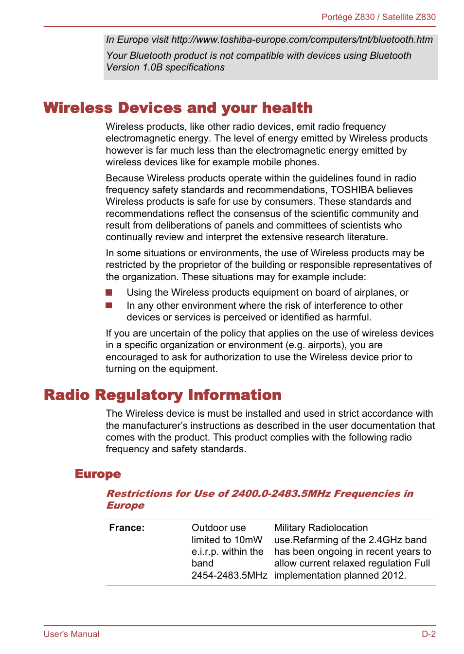 Wireless devices and your health, Radio regulatory information, Europe | Toshiba Portege Z830 User Manual | Page 125 / 136