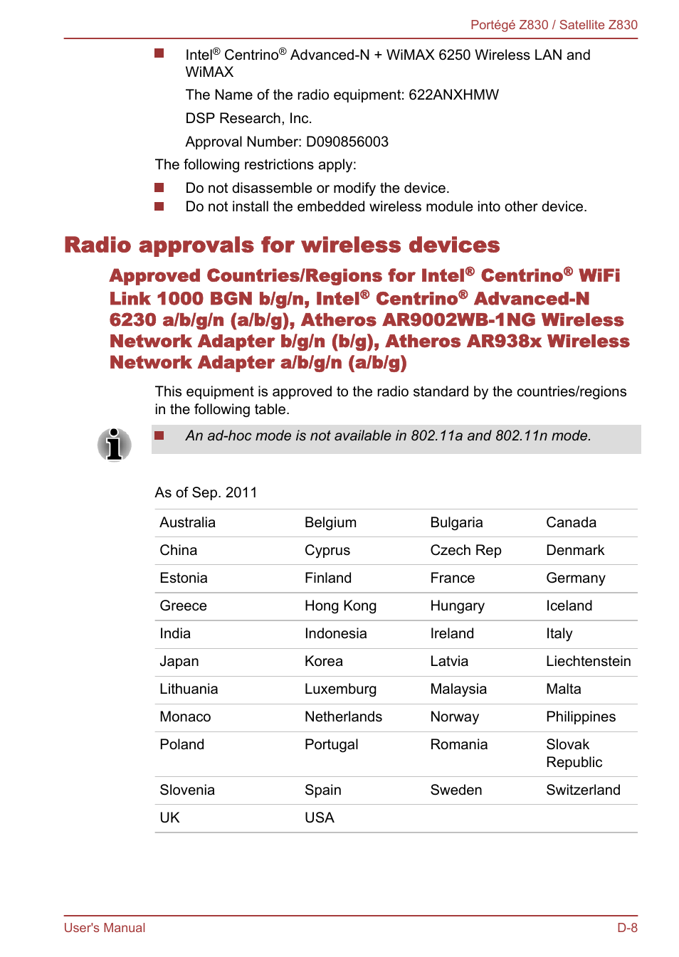 Radio approvals for wireless devices, Approved countries/regions for intel, Centrino | Wifi link 1000 bgn b/g/n, intel | Toshiba Portege Z830 User Manual | Page 131 / 136