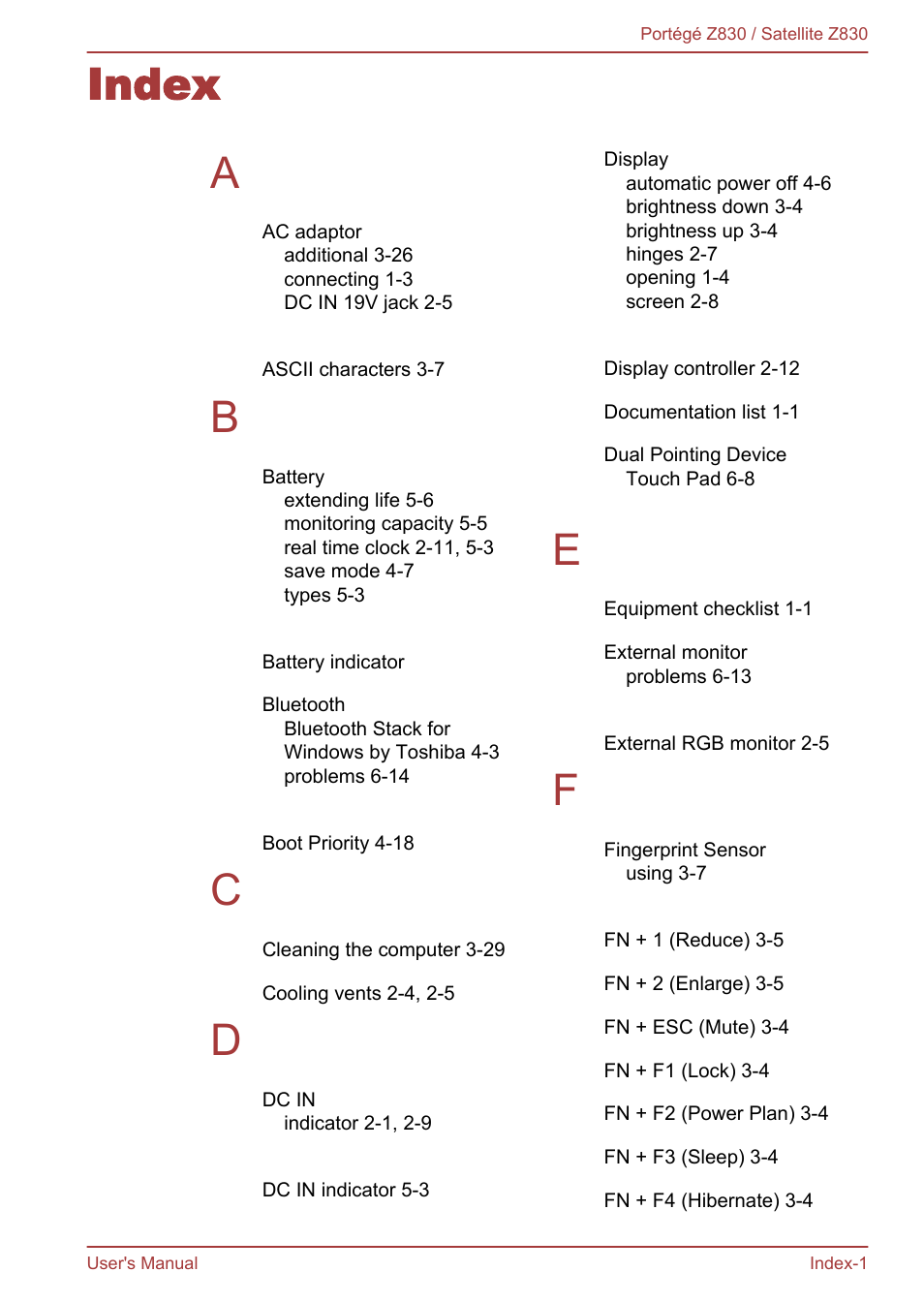 Index, Index a | Toshiba Portege Z830 User Manual | Page 133 / 136