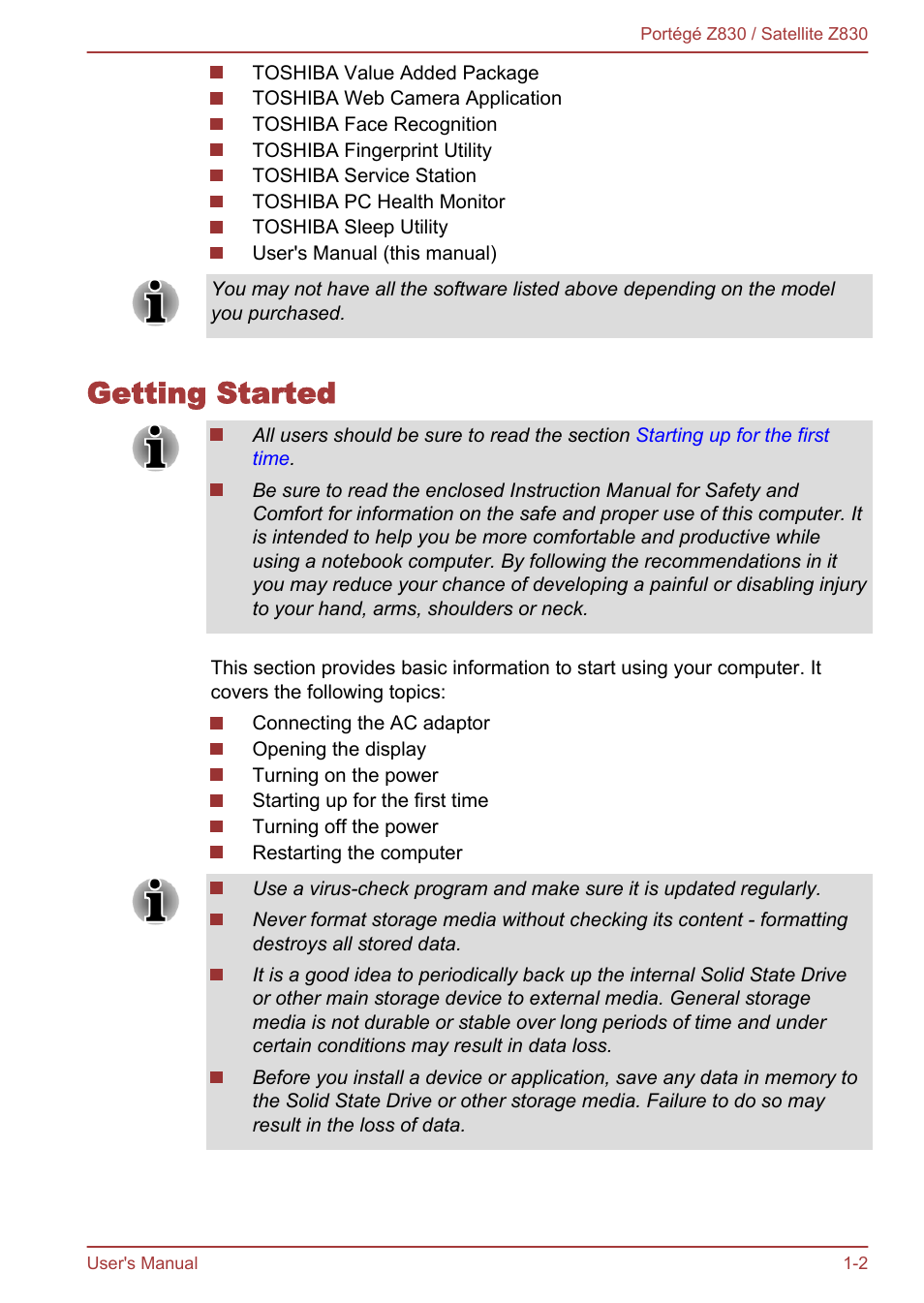 Getting started, Getting started -2 | Toshiba Portege Z830 User Manual | Page 16 / 136