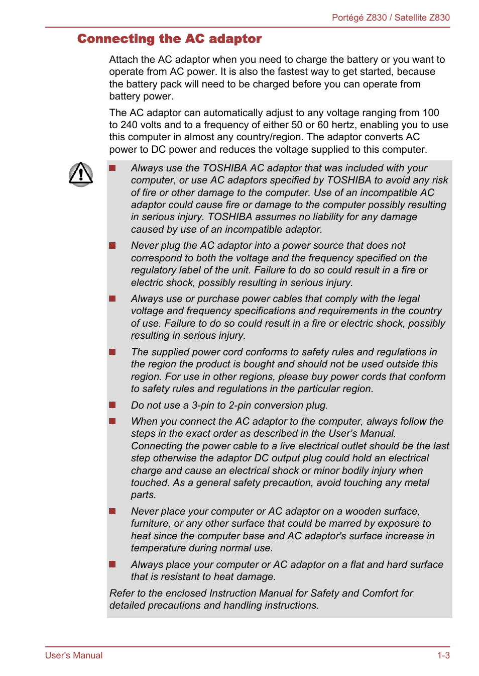 Connecting the ac adaptor | Toshiba Portege Z830 User Manual | Page 17 / 136