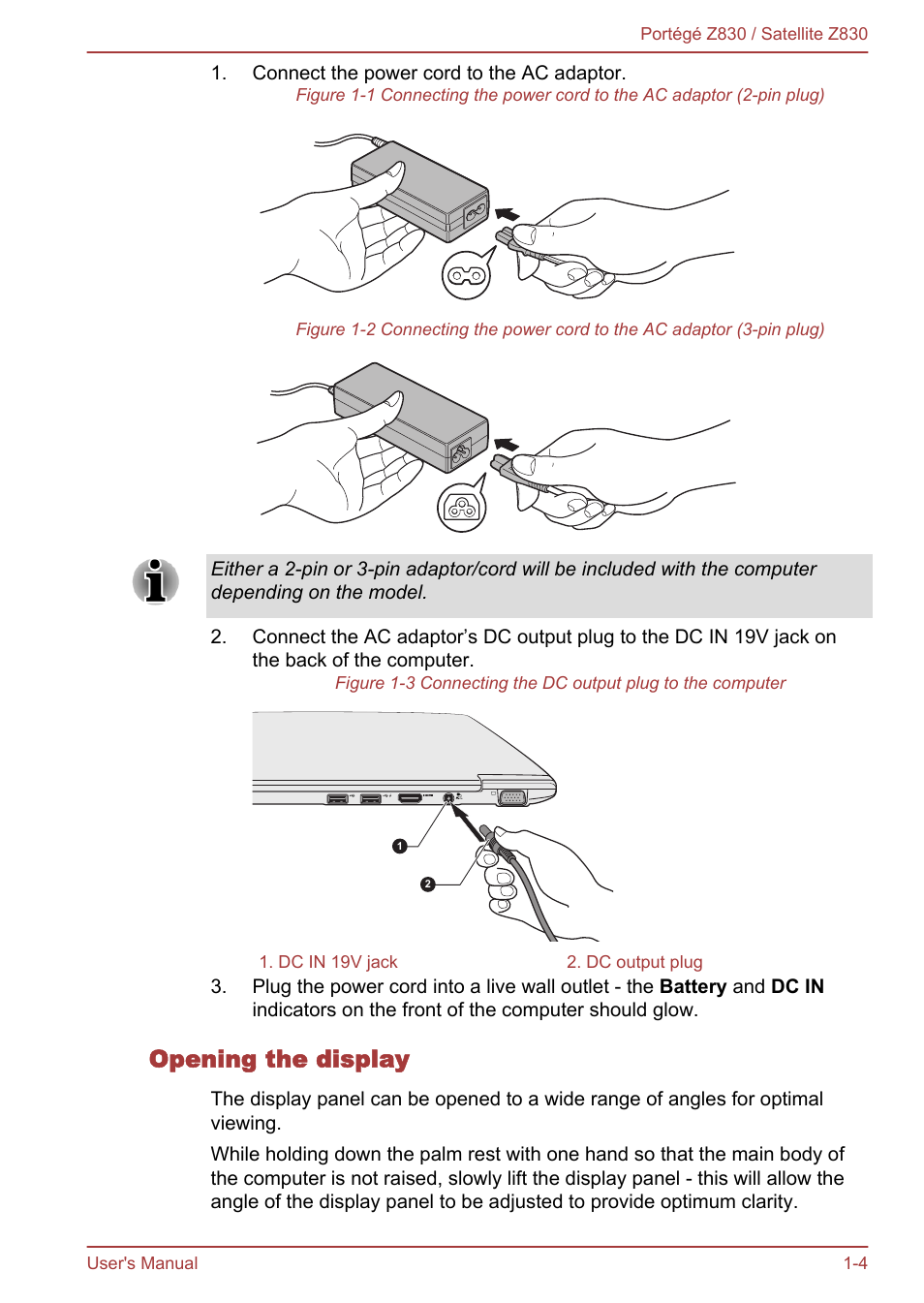 Opening the display | Toshiba Portege Z830 User Manual | Page 18 / 136