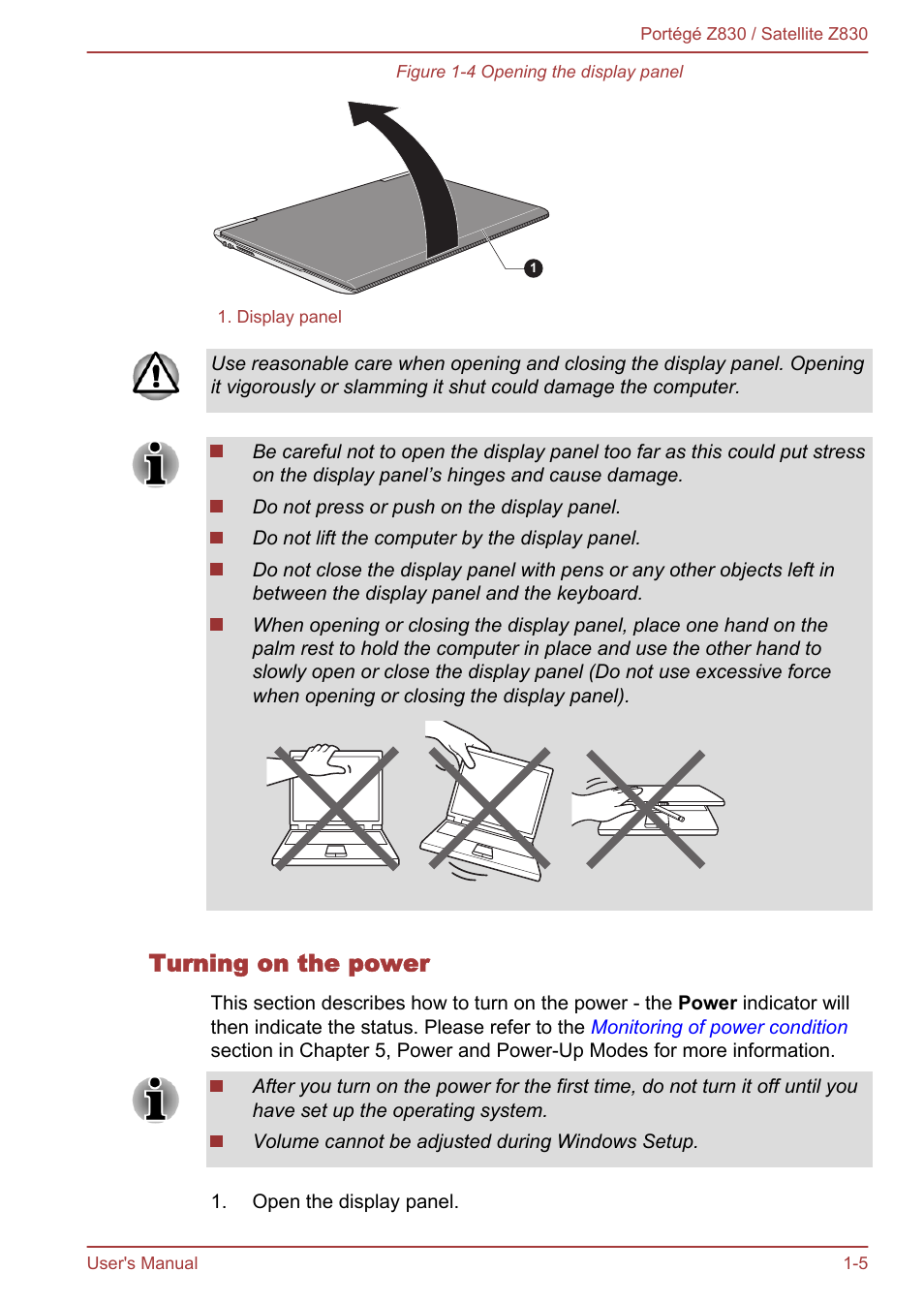 Turning on the power | Toshiba Portege Z830 User Manual | Page 19 / 136