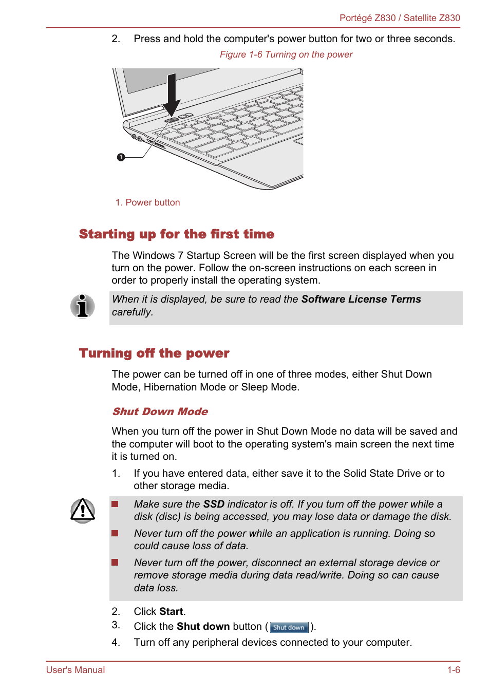 Starting up for the first time, Turning off the power | Toshiba Portege Z830 User Manual | Page 20 / 136