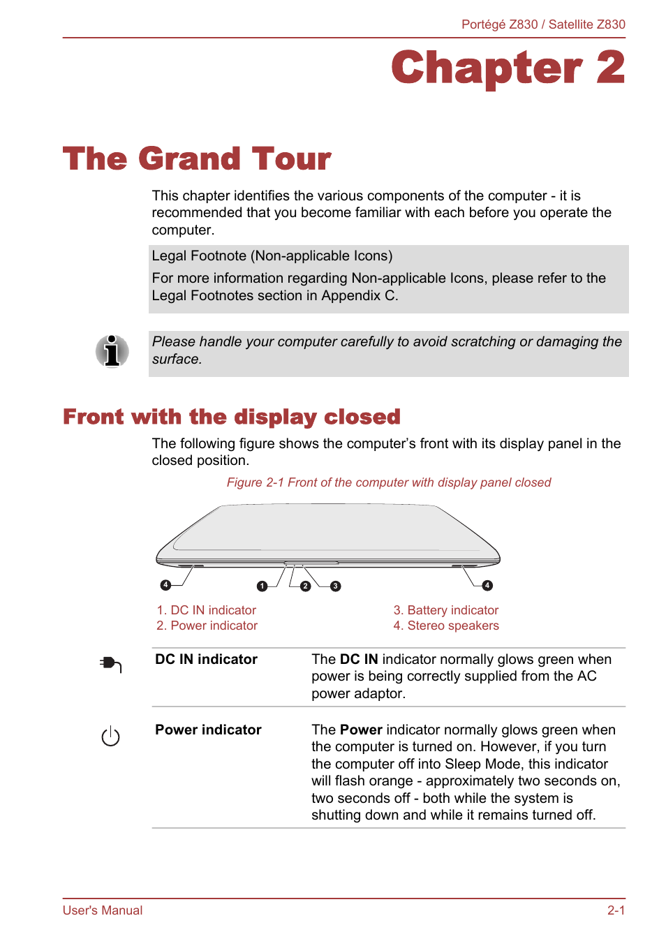 Chapter 2 the grand tour, Front with the display closed, Chapter 2 | The grand tour, Front with the display closed -1 | Toshiba Portege Z830 User Manual | Page 25 / 136
