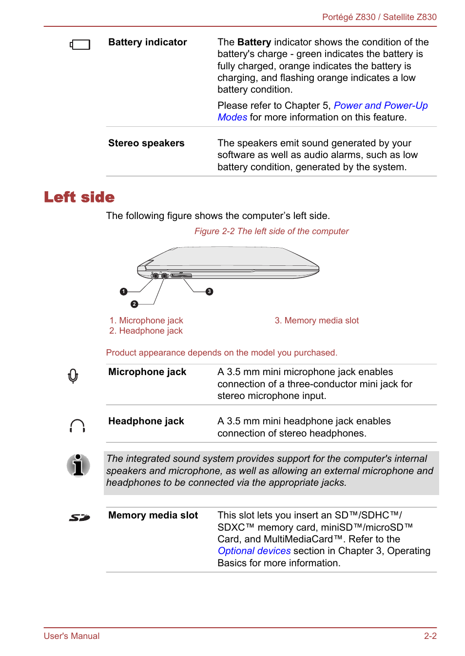 Left side, Left side -2 | Toshiba Portege Z830 User Manual | Page 26 / 136