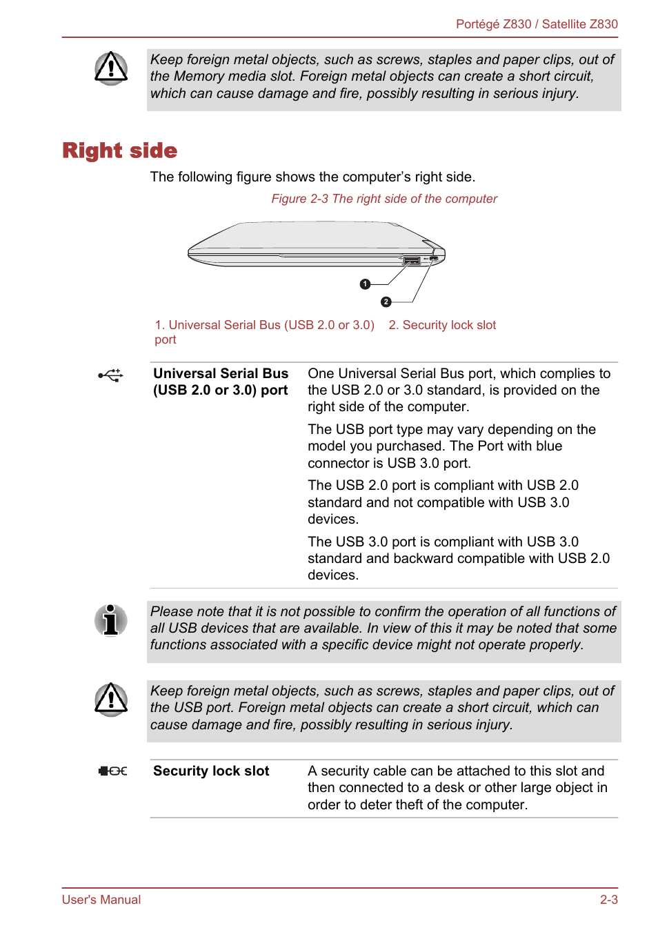 Right side, Right side -3 | Toshiba Portege Z830 User Manual | Page 27 / 136