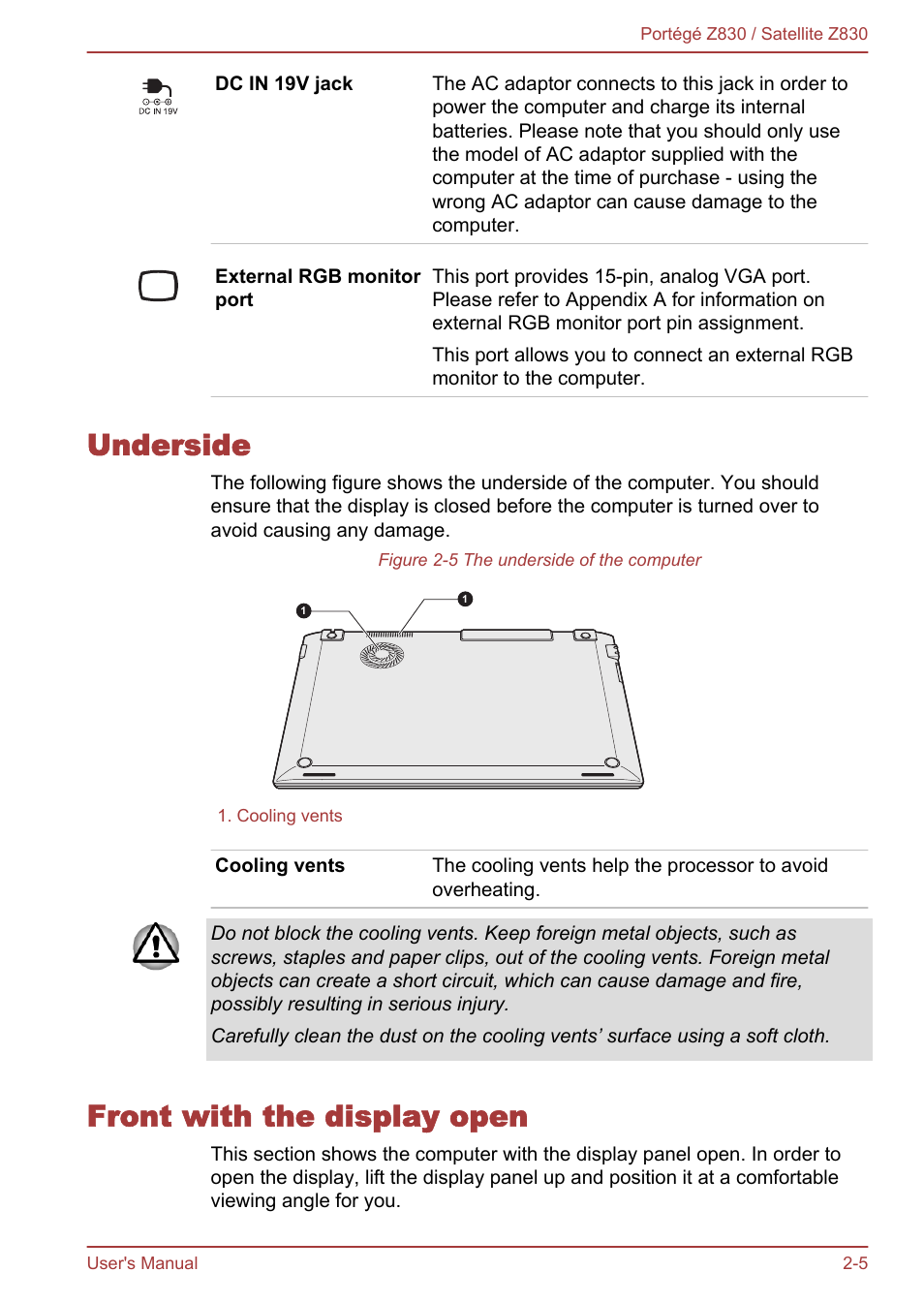 Underside, Front with the display open, Underside -5 front with the display open -5 | Toshiba Portege Z830 User Manual | Page 29 / 136