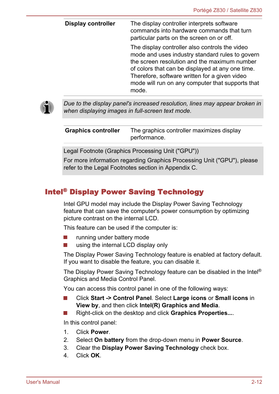 Intel® display power saving technology, Intel, Display power saving technology | Toshiba Portege Z830 User Manual | Page 36 / 136