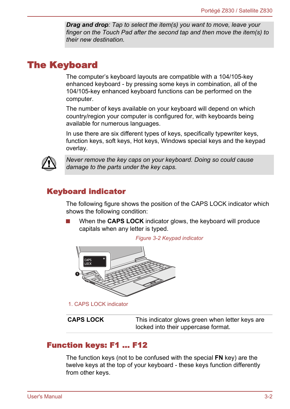 The keyboard, Keyboard indicator, Function keys: f1 … f12 | The keyboard -2 | Toshiba Portege Z830 User Manual | Page 39 / 136