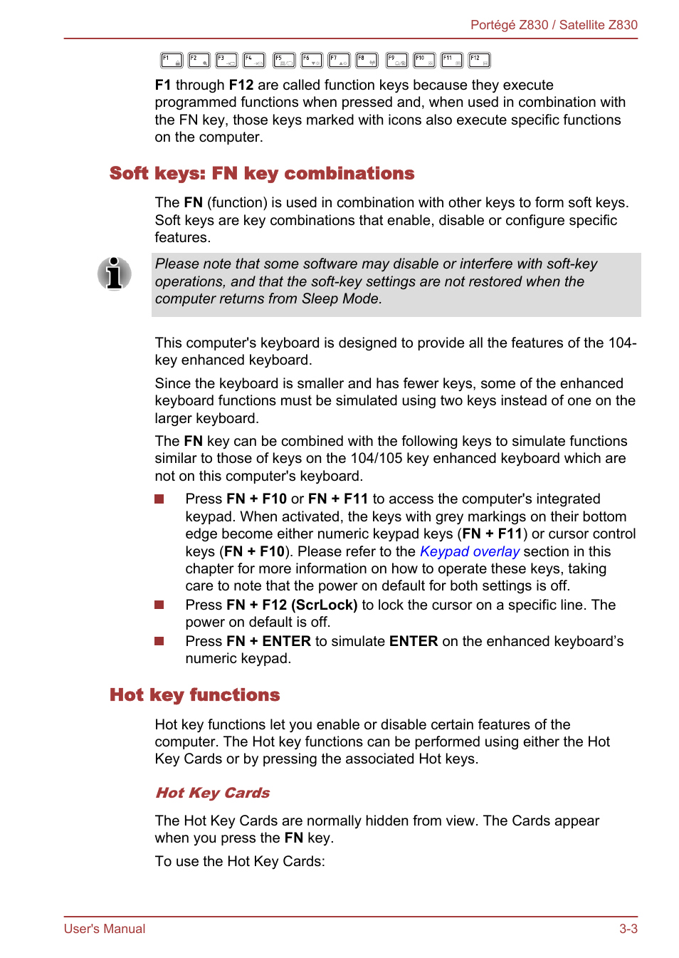 Soft keys: fn key combinations, Hot key functions | Toshiba Portege Z830 User Manual | Page 40 / 136