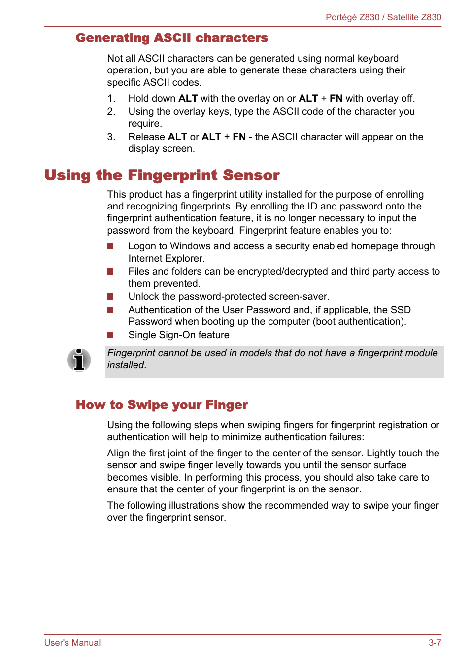 Generating ascii characters, Using the fingerprint sensor, How to swipe your finger | Using the fingerprint sensor -7, Using the, Fingerprint sensor | Toshiba Portege Z830 User Manual | Page 44 / 136