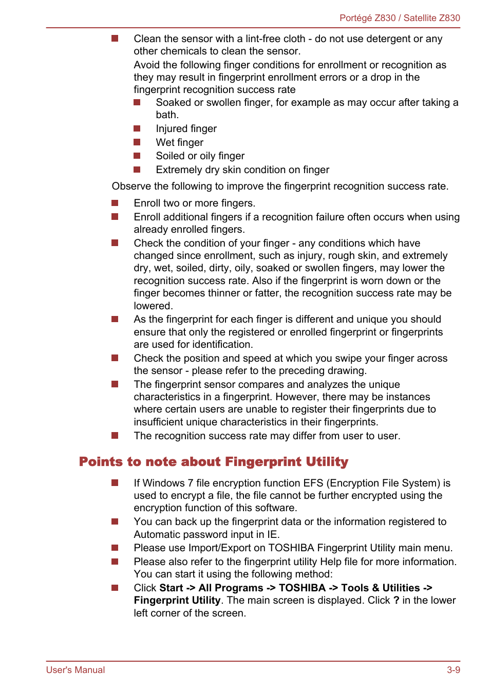 Points to note about fingerprint utility | Toshiba Portege Z830 User Manual | Page 46 / 136