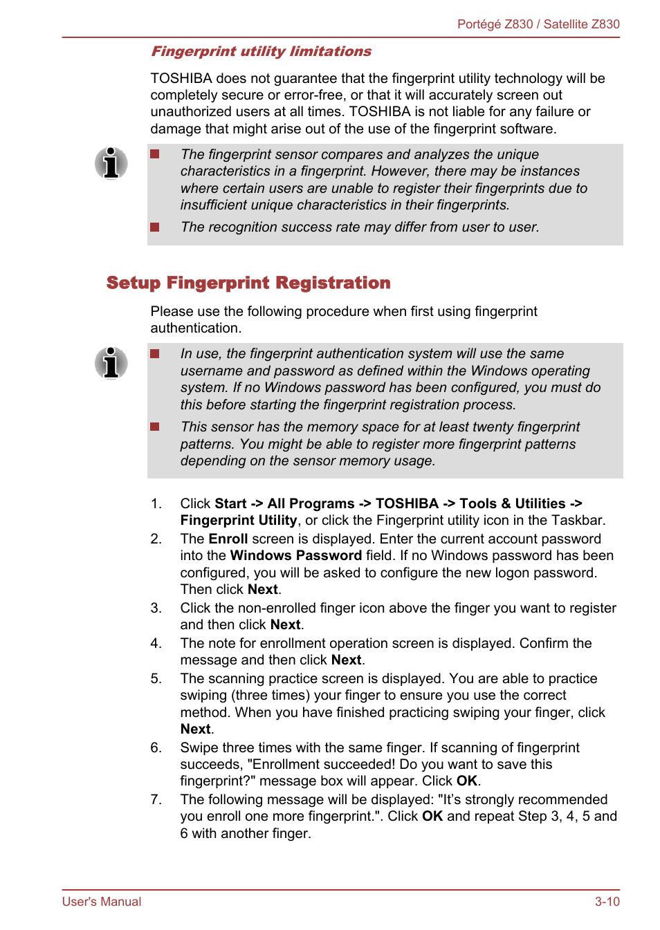 Setup fingerprint registration | Toshiba Portege Z830 User Manual | Page 47 / 136