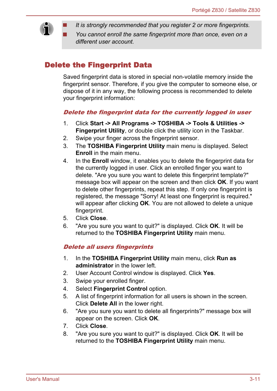 Delete the fingerprint data | Toshiba Portege Z830 User Manual | Page 48 / 136